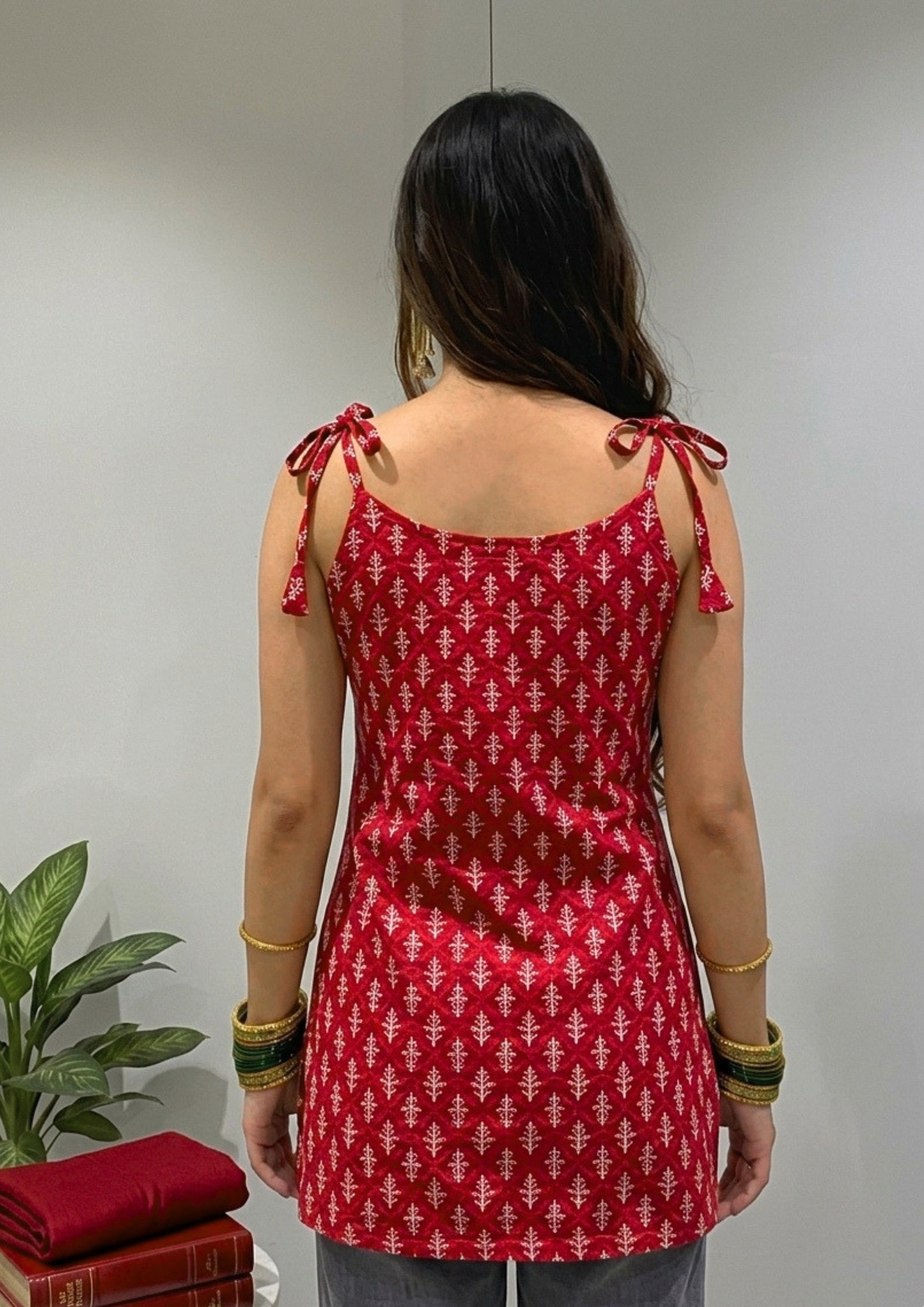 Women's Floral Printed Cotton Short Kurti | Red, Yellow & Green Above Knee Length Kurti for Casual Wear