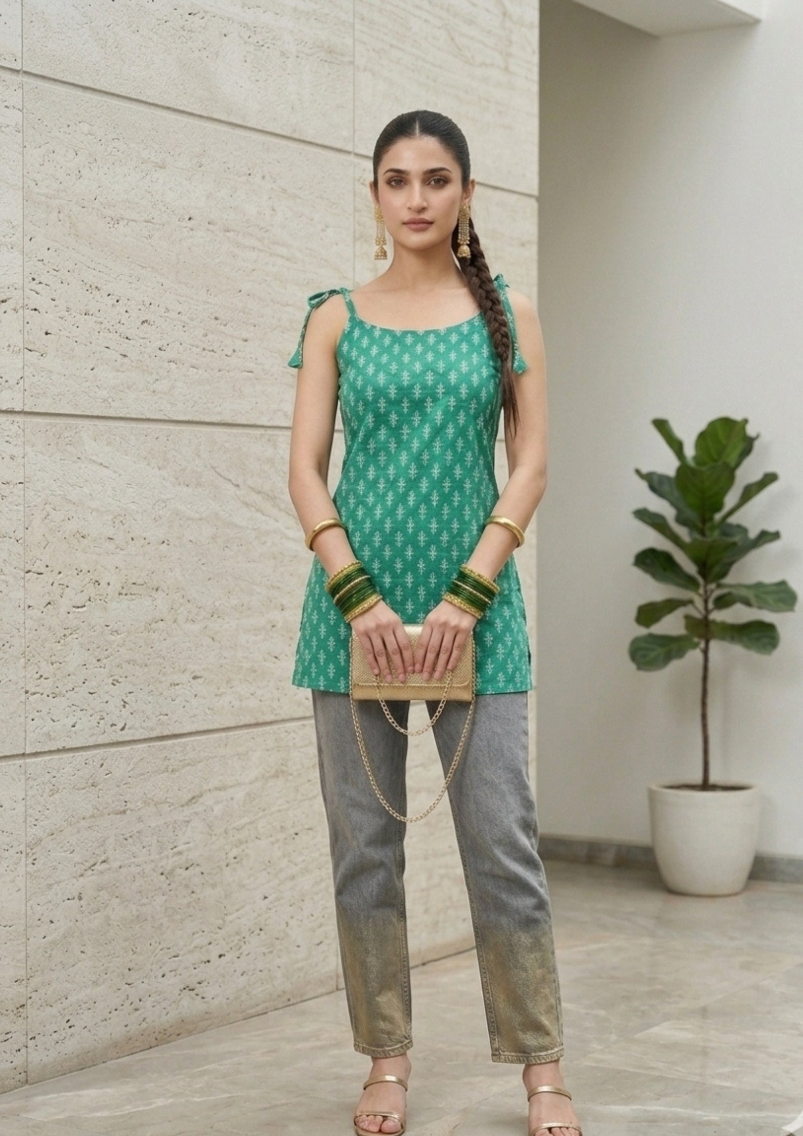 Women's Floral Printed Cotton Short Kurti | Red, Yellow & Green Above Knee Length Kurti for Casual Wear