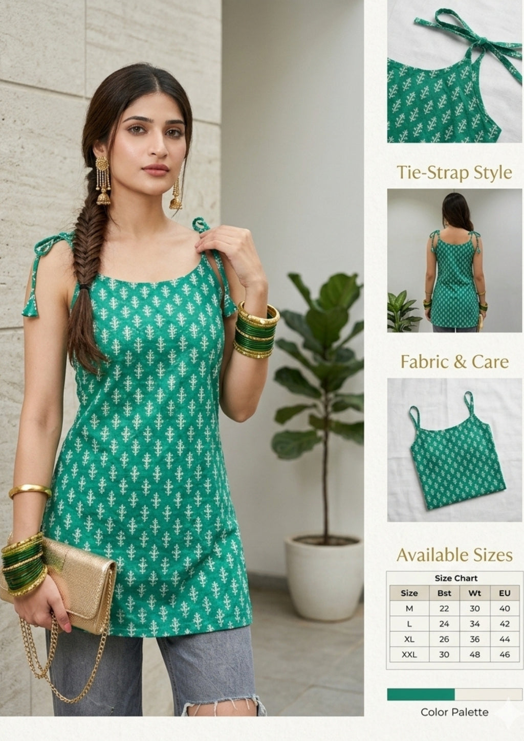 Women's Floral Printed Cotton Short Kurti | Red, Yellow & Green Above Knee Length Kurti for Casual Wear