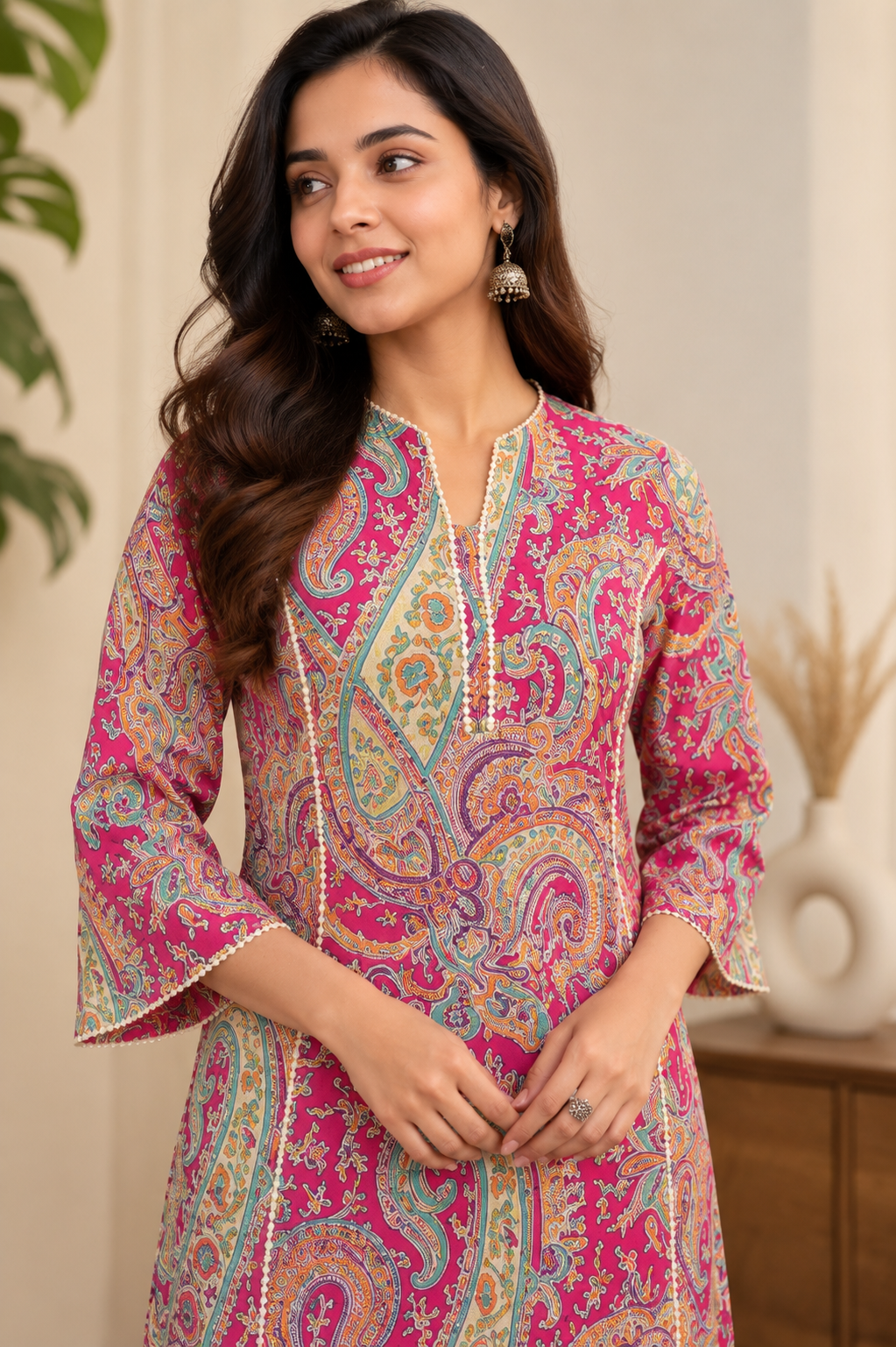 Women’s Pink Paisley Printed Cotton-Style Kurta with Flared Sleeves