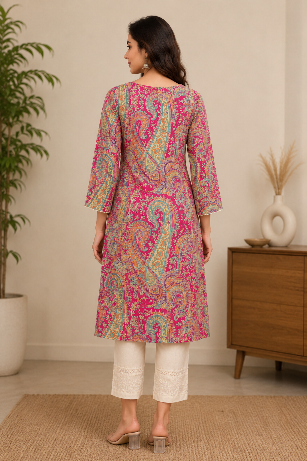 Women’s Pink Paisley Printed Cotton-Style Kurta with Flared Sleeves