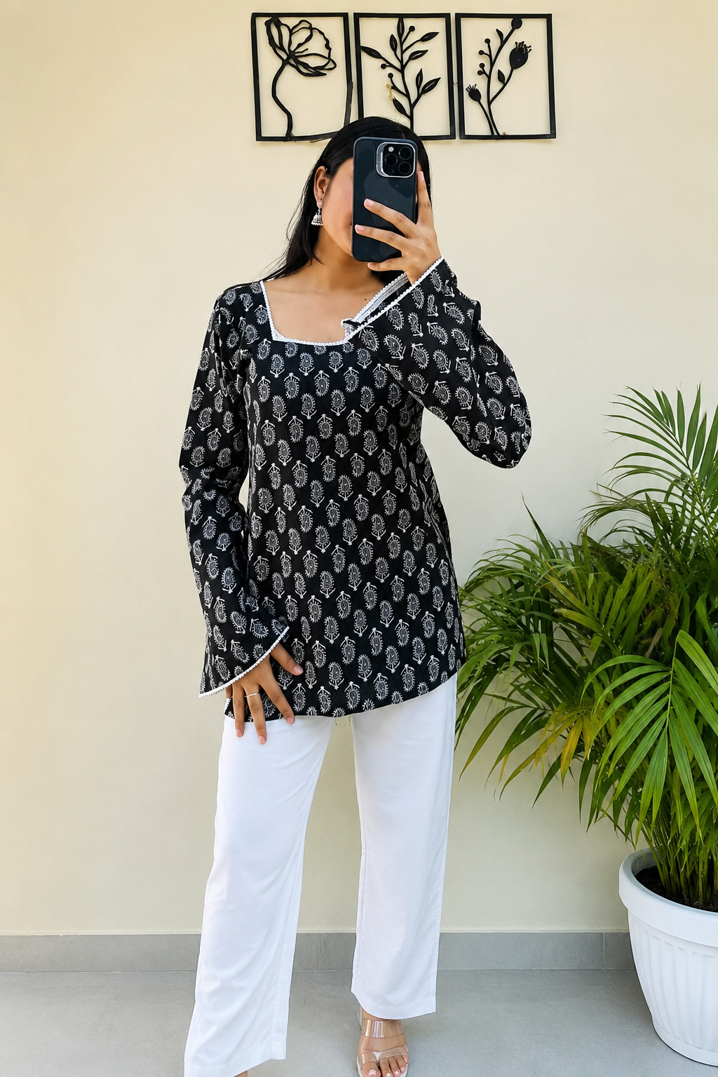 Women’s Black Cotton Printed Kurti | White Paisley Print & Lace Neckline
