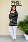 Women’s Black Cotton Printed Kurti | White Paisley Print & Lace Neckline