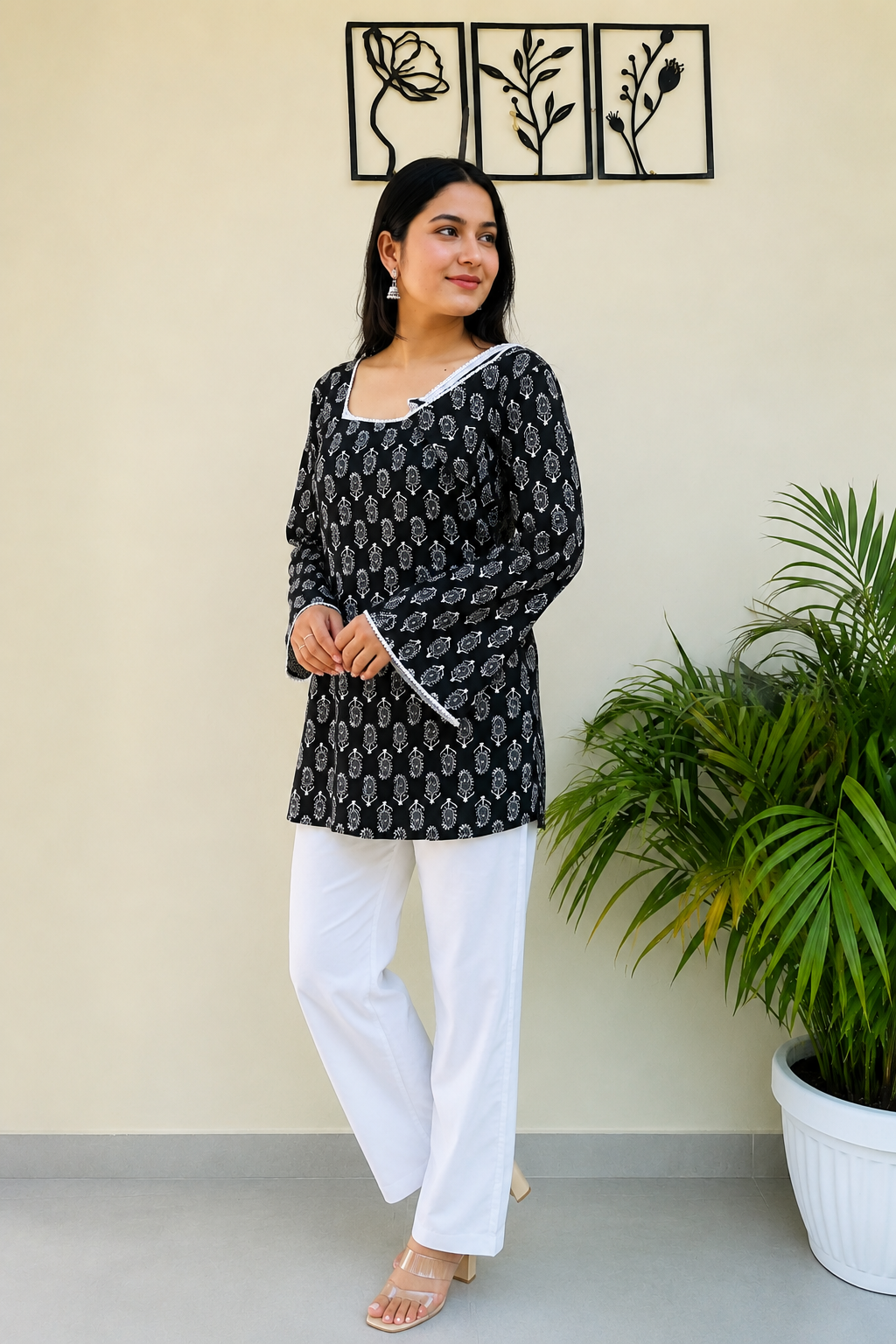 Women’s Black Cotton Printed Kurti | White Paisley Print & Lace Neckline