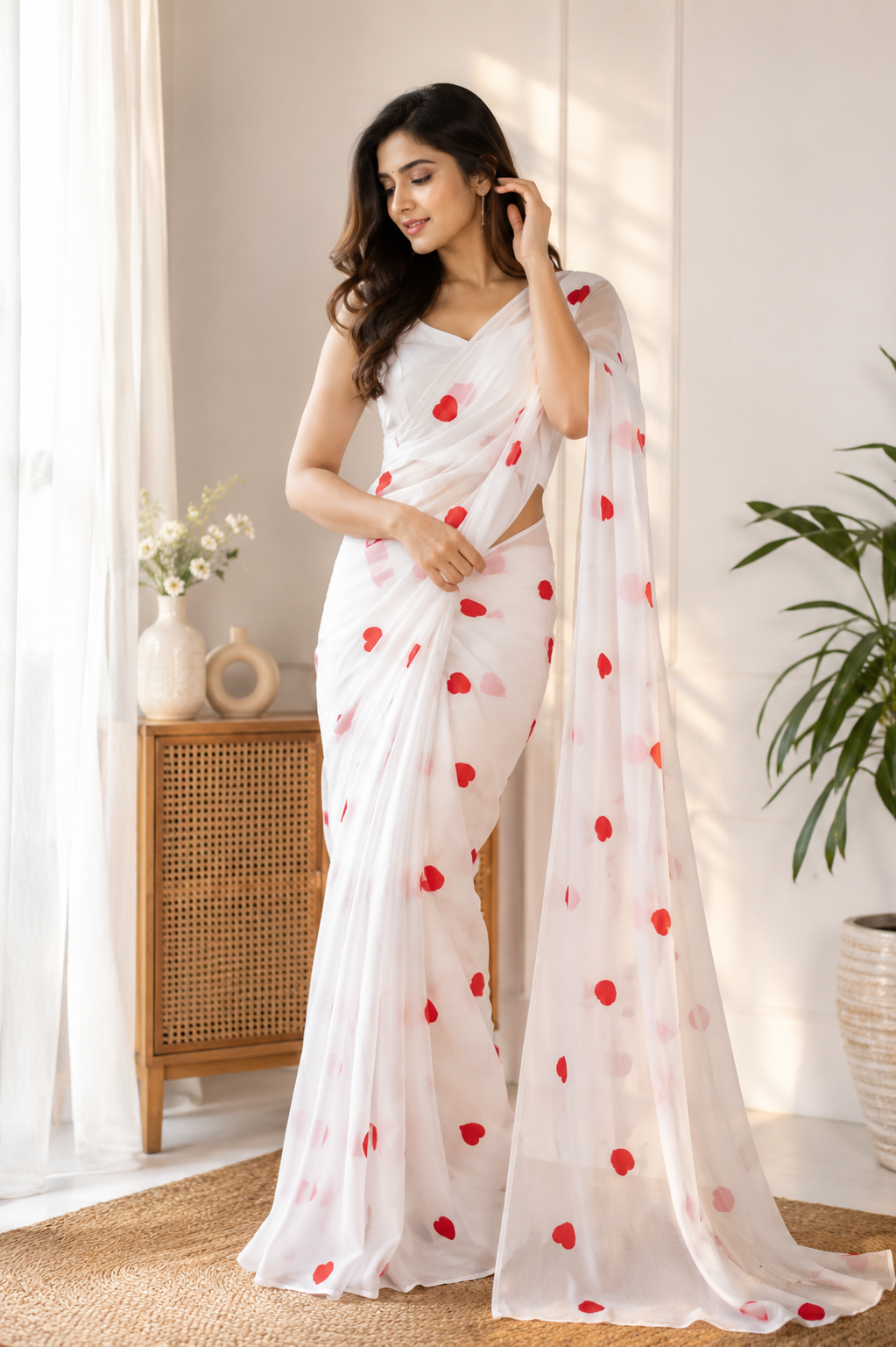 Romantic White Heart Print Georgette Saree with Matching Blouse | Elegant Party & Casual Wear