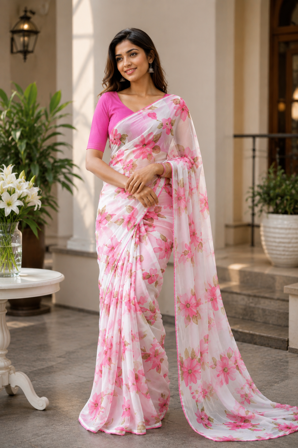 Women's White Floral Printed Chiffon Saree with Running Blouse | Lightweight Party Wear Saree