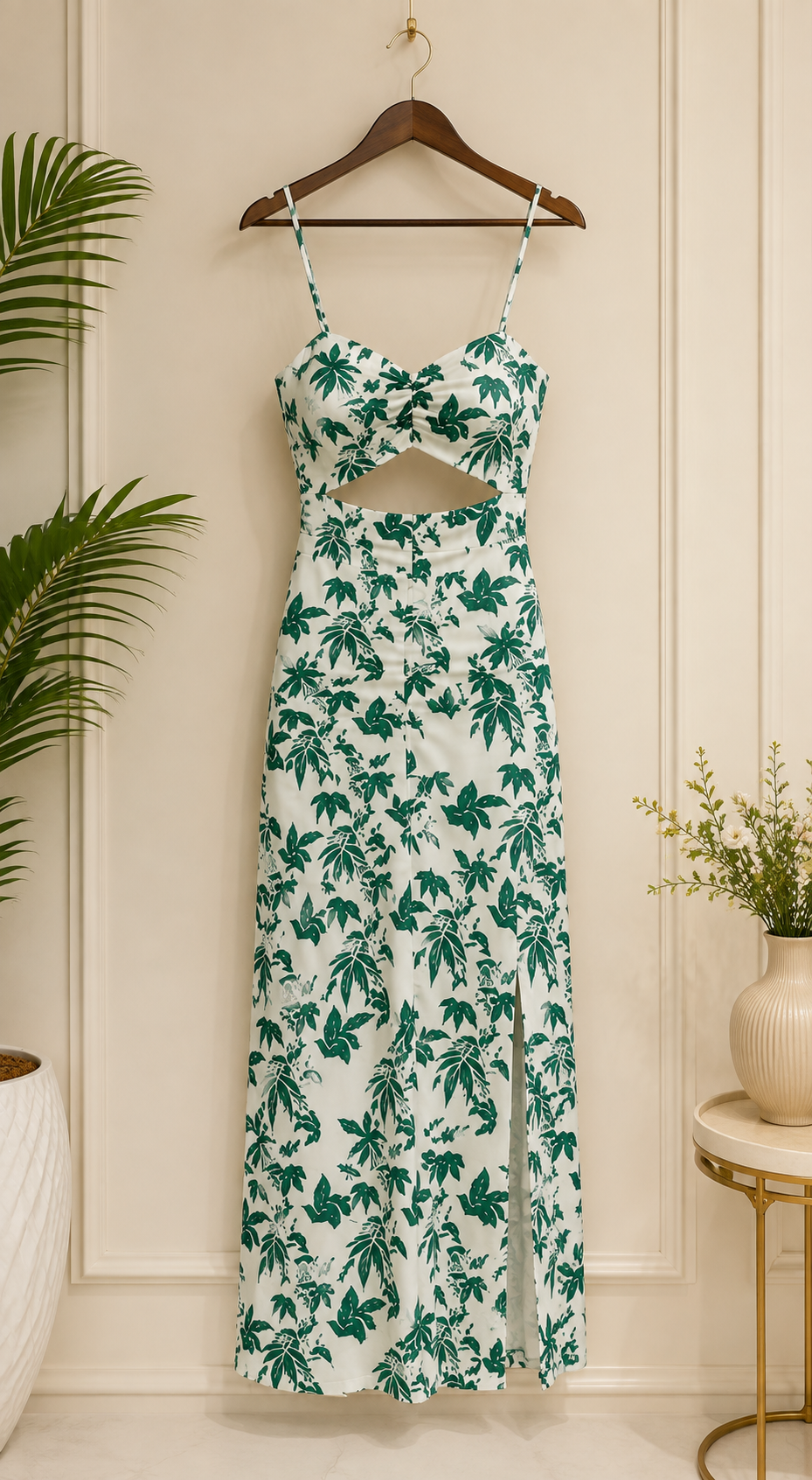 Women's White & Green Tropical Leaf Printed Cut-Out Maxi Dress | Premium Party Wear Sleeveless Dress