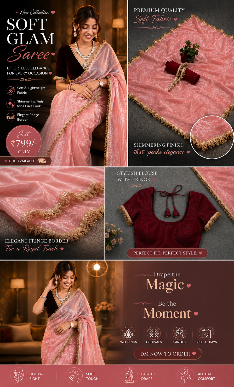 Soft Glam Pink Georgette Embroidered Saree With Blouse | Premium Party Wear Saree