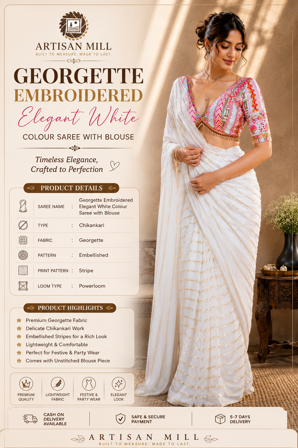 Women's White Georgette Chikankari Saree with Pink Embroidered Blouse