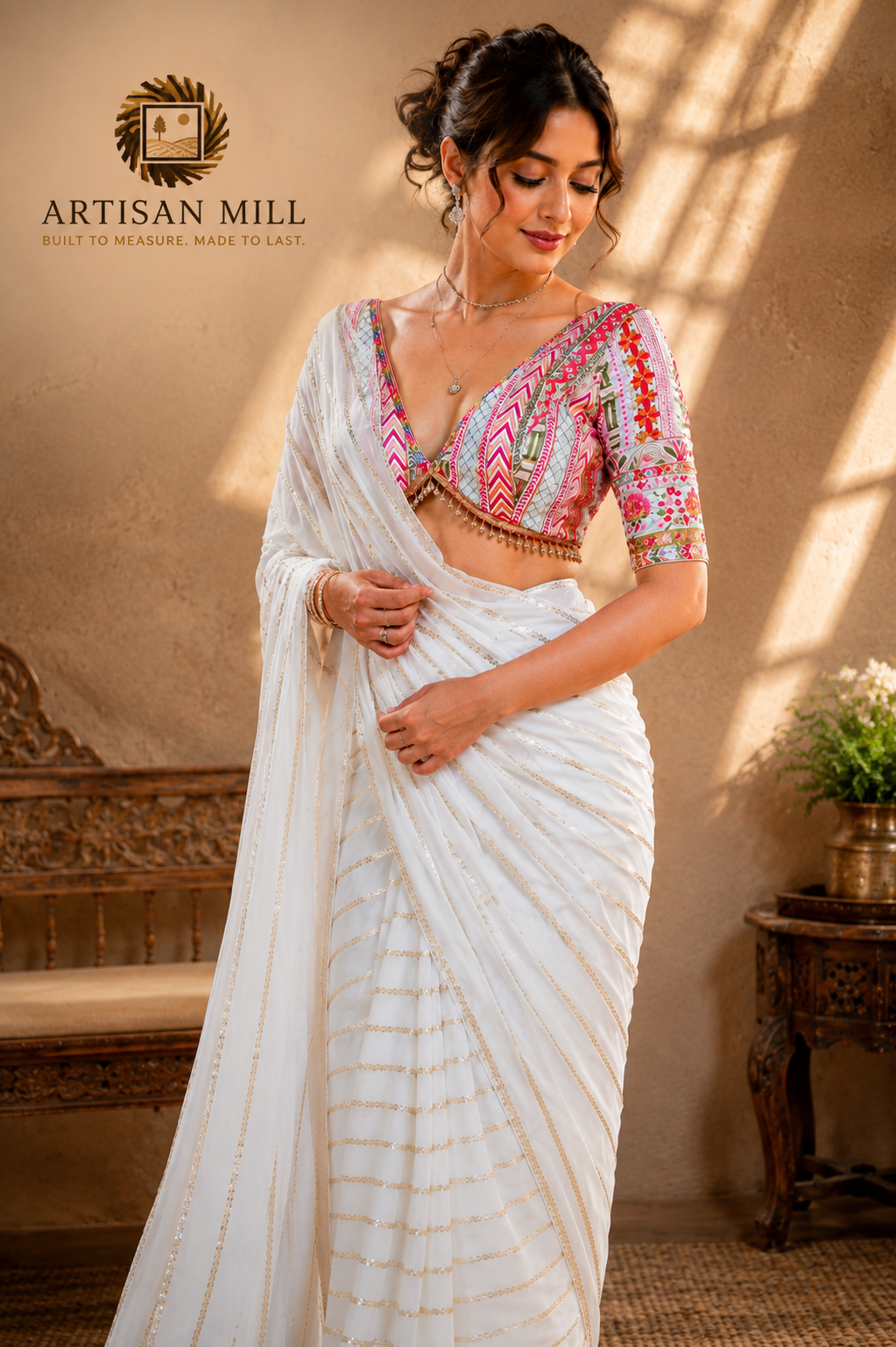 Women's White Georgette Chikankari Saree with Pink Embroidered Blouse