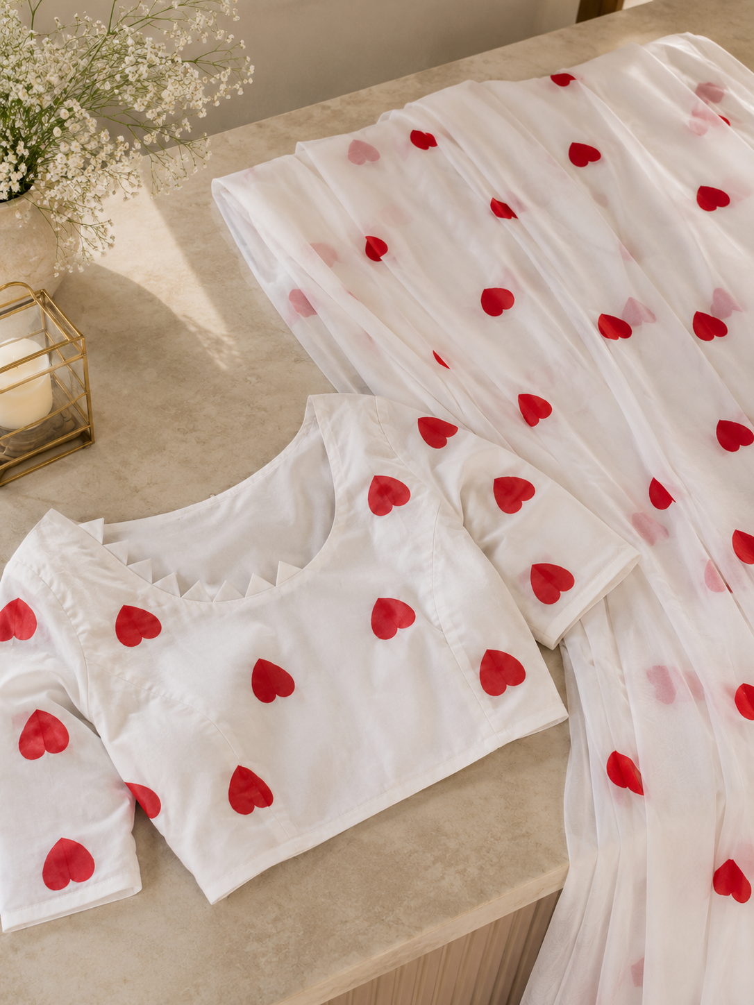 Romantic White Heart Print Georgette Saree with Matching Blouse | Elegant Party & Casual Wear