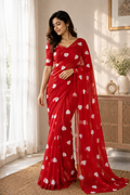 Romantic White Heart Print Georgette Saree with Matching Blouse | Elegant Party & Casual Wear