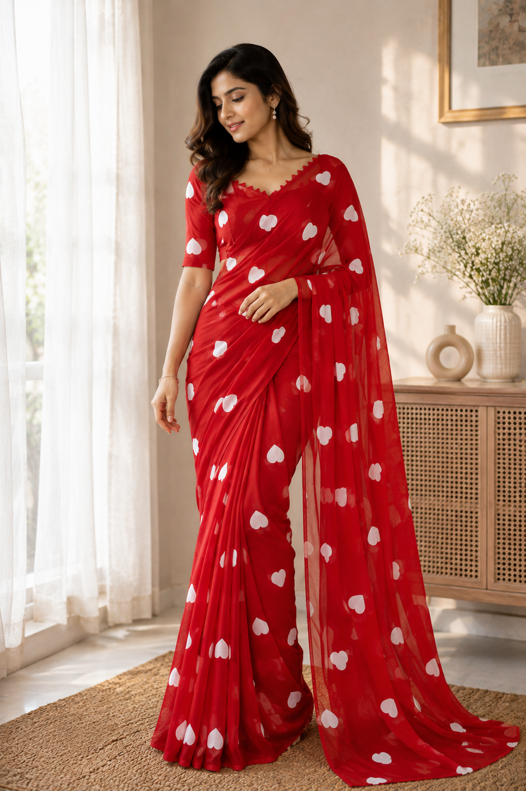 Romantic White Heart Print Georgette Saree with Matching Blouse | Elegant Party & Casual Wear