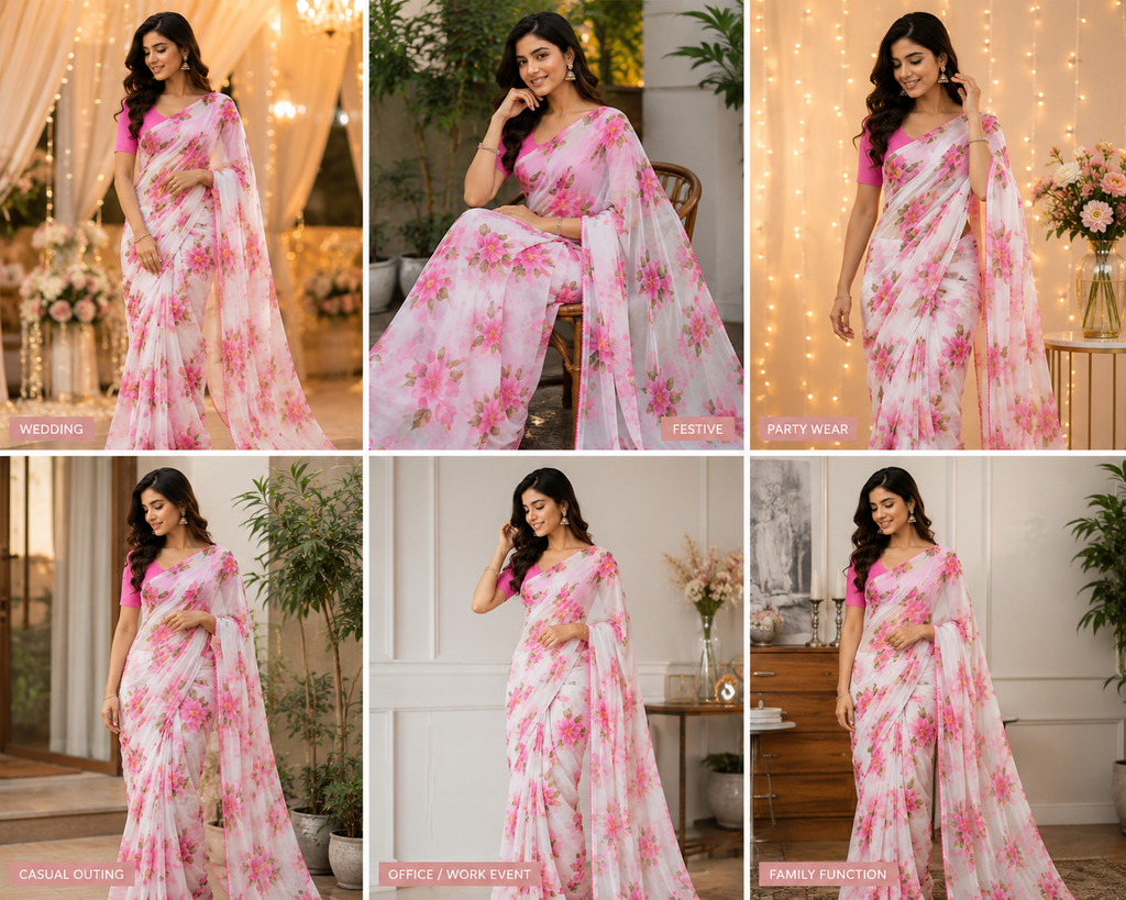 Women's White Floral Printed Chiffon Saree with Running Blouse | Lightweight Party Wear Saree