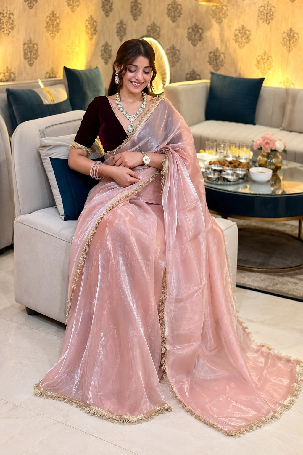 A woman seated on a light gray sofa wearing a pink saree with gold border detailing and a dark maroon blouse in a decorated living room.
